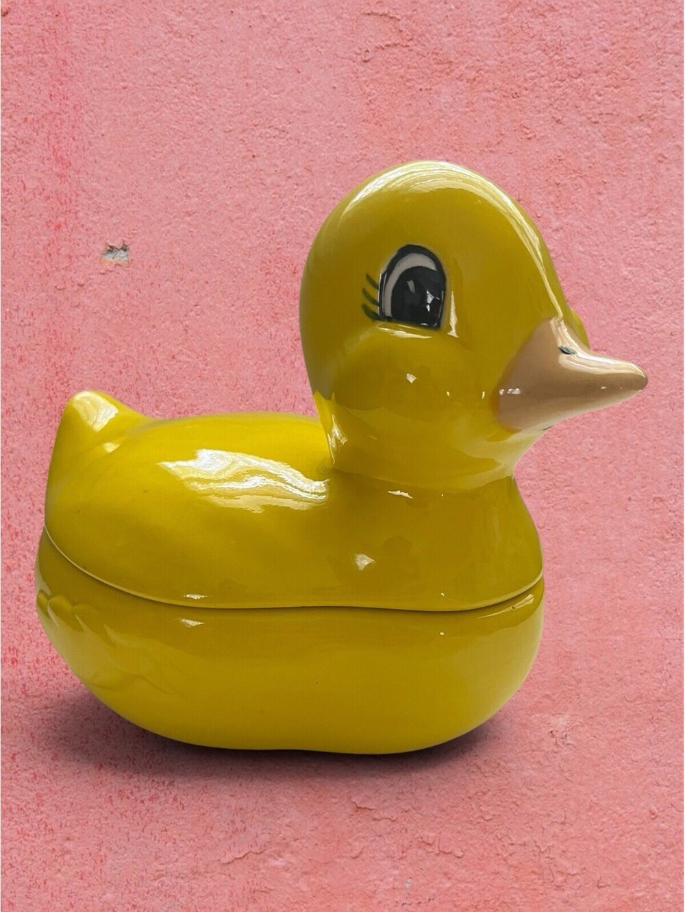 Vintage Porcelain Yellow Duck Trinket Box Baby Home Decor 5x7” Kitsch Retro Exc